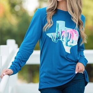 Southern Grace Teal Long Sleeve Tee with Watercolor Texas Cactus